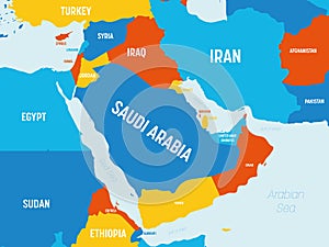 Middle East map - 4 bright color scheme. High detailed political map of Middle East and Arabian Peninsula region with