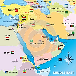 Middle east map with flags