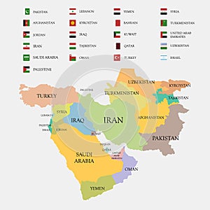Middle East map and flags