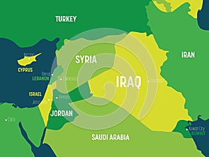 Middle East map - green hue colored on dark background. High detailed political map of Middle East and Arabian Peninsula