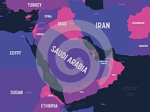 Middle East map. High detailed political map of Middle East and Arabian Peninsula region with country, capital, ocean