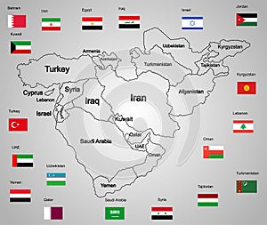 Middle east map set of states and flags.