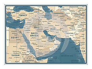 Middle East Map - Vintage Vector Illustration