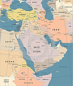 Middle East Map - Vintage Vector Illustration