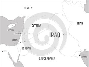 Middle East map - white lands and grey water. High detailed political map of Middle East and Arabian Peninsula region