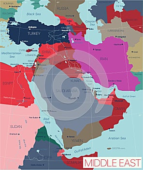 Middle East region detailed editable map