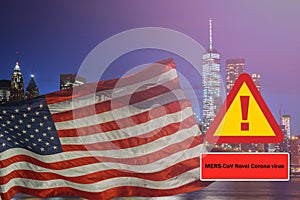 Middle East Respiratory Syndrome Coronavirus chinese infection US flag New York City's Brooklyn Bridge and Manhattan skyline