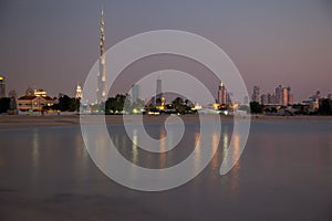 Middle East, United Arab Emirates, Dubai, City Skyline & Burj Khalifa at Sunset from Jumeirah Beach