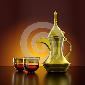 Middle Eastern Arabic Coffee Dallah Pot with Cups A symbol of Arabian Hospitality 3D Illustration