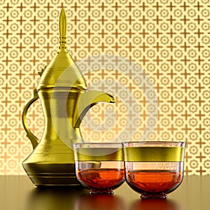 Middle Eastern Arabic Coffee Golden Dallah Pot with Cups A symbol of Arabian Hospitality 3D Illustration