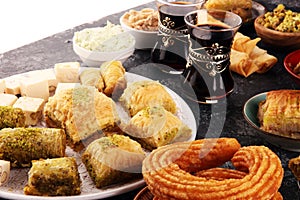 Middle eastern or arabic dishes. Turkish Dessert Baklava with pistachio. Halal food