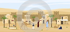 Middle Eastern cityscape scene vector flat illustration. Man smoking hookah, camel. Desert landscape