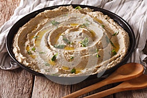 Middle Eastern cuisine: baba ghanoush closeup in a plate. horizontal