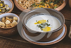 Middle Eastern cuisine dishes in ceramic plates on a wooden table. Soup with Greek yogurt, chicken with onion sauce, herbs and