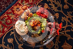 Middle eastern dishes. Arab cuisine. Variety of traditional Middle Eastern dishes. Space for text. Top view