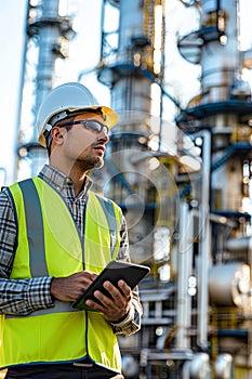 Middle eastern engineer monitors oil refinery with tablet in sunlit setting, showcasing earth tones.