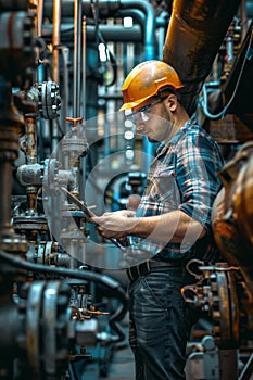 Middle eastern engineer at oil refinery with storage tanks and piping, using tablet under the sun