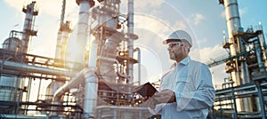 Middle eastern engineer using digital tablet at oil refinery with storage tanks and piping systems