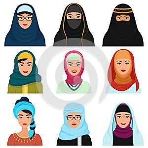 Middle Eastern female avatars set. Arabian muslim woman traditional hijab face collection.