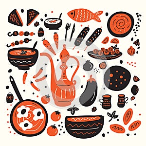 Middle eastern food. Set of hand drawn illustration of different tradishional middle eastern dishes made in doodle style