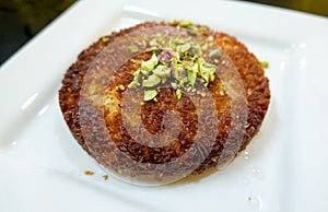 Middle Eastern Kunafeh Dessert on White Plate
