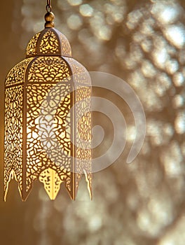 Middle eastern lantern with intricate patterns casting decorative shadows