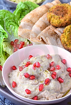 MIddle eastern platter- hummus falafel baba ghanoush pita bread photo