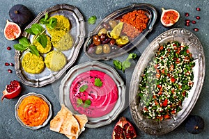 Middle Eastern traditional dinner. Authentic arab cuisine. Meze party food. Top view, flat lay