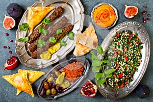 Middle Eastern traditional dinner. Authentic arab cuisine. Meze party food. Top view, flat lay