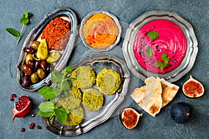 Middle Eastern traditional dinner. Authentic arab cuisine. Meze party food. Top view, flat lay