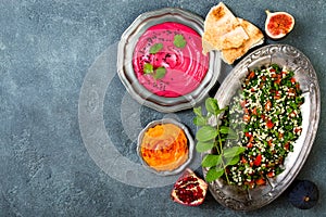 Middle Eastern traditional dinner. Authentic arab cuisine. Meze party food. Top view, flat lay