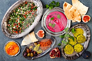 Middle Eastern traditional dinner. Authentic arab cuisine. Meze party food. Top view, flat lay