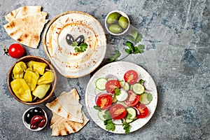 Middle Eastern traditional dinner. Authentic arab cuisine. Meze party food. Top view, flat lay, overhead.