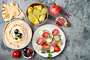 Middle Eastern traditional dinner. Authentic arab cuisine. Meze party food. Top view, flat lay, overhead.