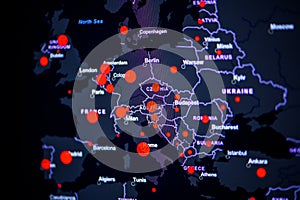 Middle of Europe. Coronavirus COVID-19 global cases Map. Red Dot showing the number of infected. Johns Hopkins University map on