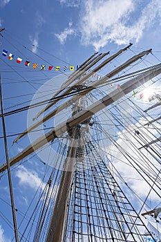 The middle mast with the six sails of tall ship Cisne Branco in the harbour of Scheveningen during the Sail on Scheveningen, Nethe