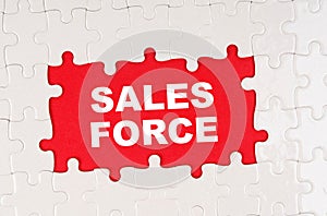 In the middle of the puzzles on a red background it is written - SALES FORCE