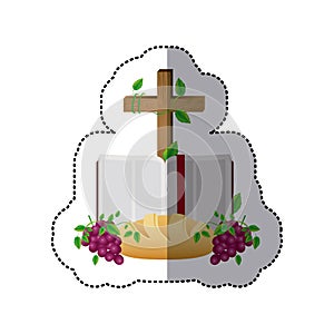 middle shadow sticker colorful with holy bible open with cross and bread and grapes