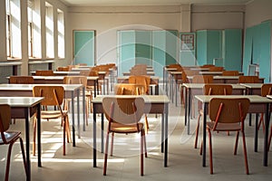 Middle shot image of school hollow classroom, back to school concept. Generative ai