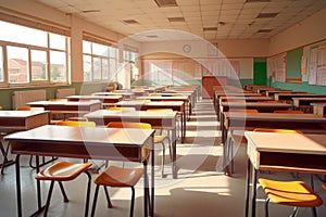 Middle shot image of school hollow long classroom, back to school concept. Generative ai