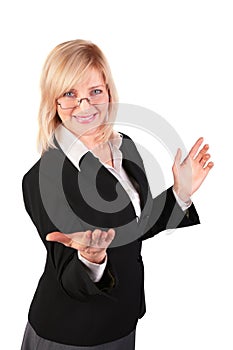 Middleaged woman makes inviting gesture