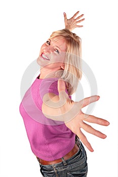 Middleaged woman stands dancing 2