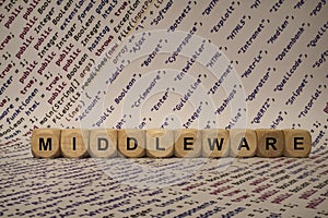 Middleware - cube with letters and words from the computer, software, internet categories, wooden cubes