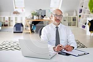 Mide aged businessman sitting at office desk and using laptop for work photo