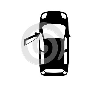 Midget black car with open door, top view icon isolated on white background. Sedan small, mini auto and city automobile. Vector