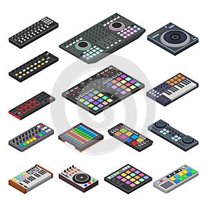 Midi keyboard vector audio sound equipment musical instrument for digital music illustration isometric set of electronic