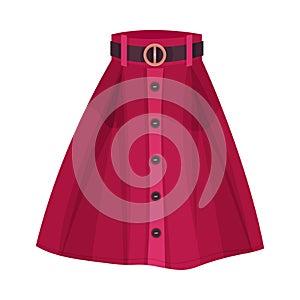 Midi Red Buttoned Flared Skirt with Belt and High Waist Isolated on White Background Front View Vector Illustration