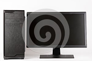 Midi tower computer case with led monitor on white background.