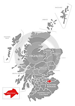 Midlothian red highlighted in map of Scotland UK photo