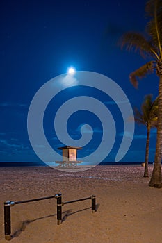 Midnight beach scene with full moon over ocean